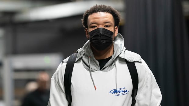 Atlanta Hawks forward Kevin Knox II (5) arrives against the Toronto Raptors at Scotiabank Arena. Knox left Atlanta for the Detroit Pistons in free agency.